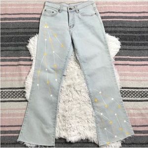 Denim Jeans Crop Ankle Flare Raw Hem Stars Constellation Blue White Yellow